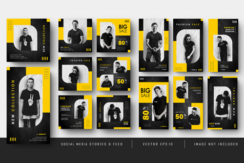 قالب پست و استوری مینیمال اینستاگرام با تم زرد و مشکی مناسب برای فروشگاه های لباس